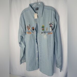 *Looney Tunes Long Sleeve Blue Women's Button Down Shirt Size XL